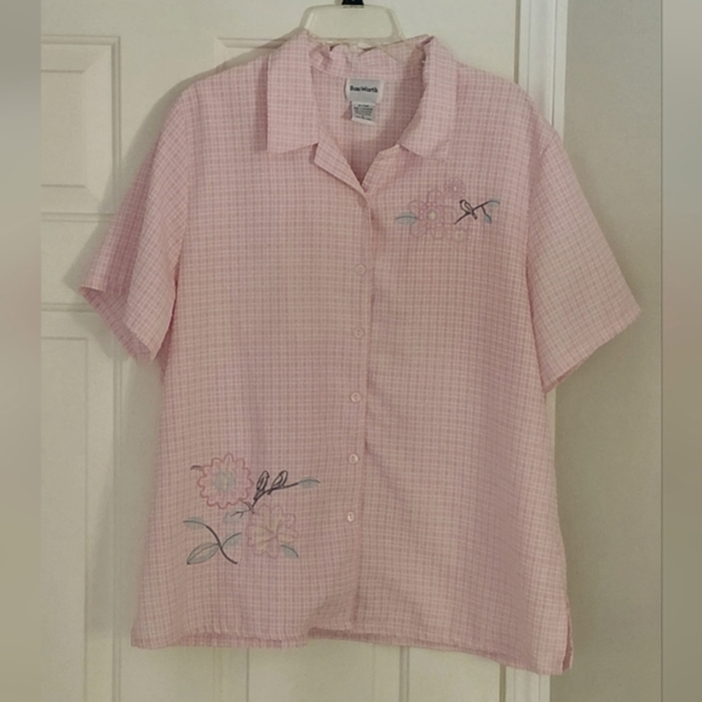 Bon Worth Vintage Pink White Checked Button Summer Shirt.  Size Large Petite.